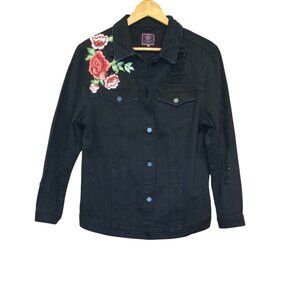 Boombom Jeans Black Denim Jacket Floral Applique Womens Size L Boho Whimsigoth